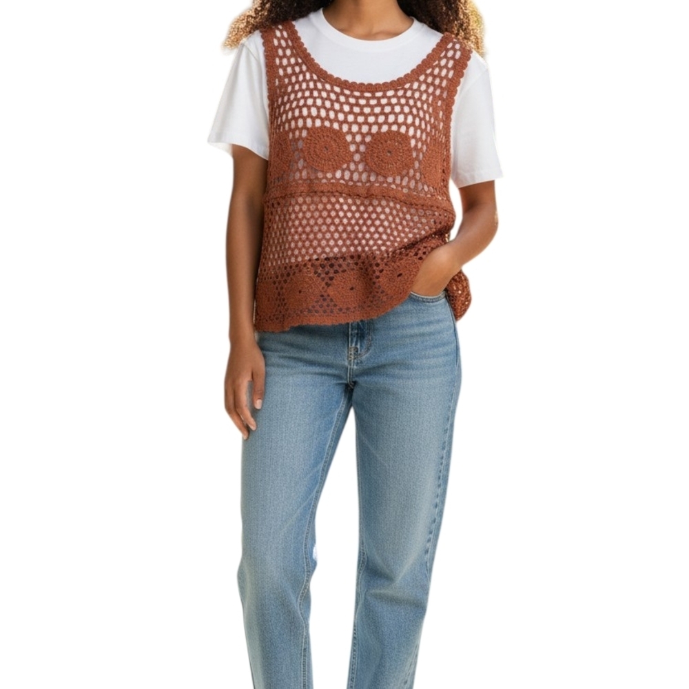 Ultra Pink Brown Crochet Sleeveless Knit Top Boho Festival Large